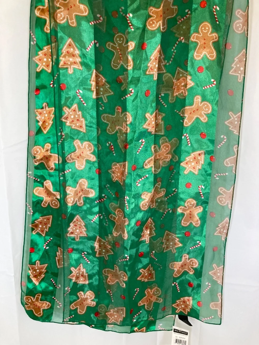 Christmas Scarf Green Silk Feel Gingerbread All Over Print NWT Bay Studio